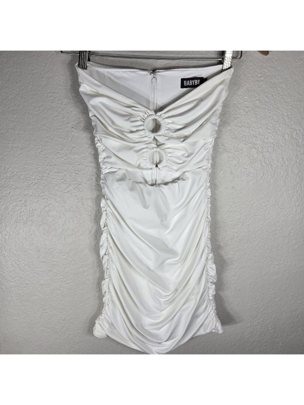 Baby Boo White Ring Linked Cut Out Full Ruched Mini Dress Size S Strapless